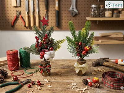 Chậu thông mini để bàn cành đỏ mọng cao 28cm đế gỗ [Nhiều kiểu] CHAUCAYGIA-19